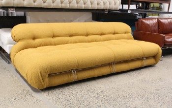 Sofa, Three Seat, MODERN, BOUCLE UPHOLSTERY, BUTTON TUFTED, CURVED ROLLED BACK CUSHION, CLAMPED BY STAINLESS WIRE FRAME, IN THE STYLE OF SORIANA BY TOBIA & AFRA SCARPA, BOUCLE, YELLOW