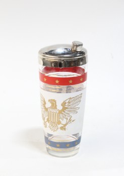 Bar, Tool, DRINK / COCKTAIL SHAKER, SILVER TOP, AMERICANA, EAGLE, STARS, STRIPES, RED WHITE & BLUE, VINTAGE, GLASS, CLEAR