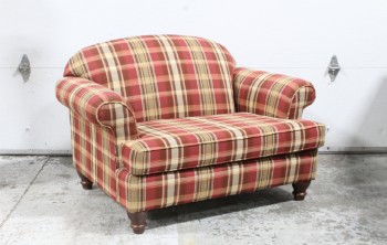 Chair, Armchair, EASY CHAIR OR SMALL LOVESEAT, CONTEMPORARY, WIDE, TARTAN / PLAID UPHOLSTERY, ROLLED ARMS, BROWN FEET, FABRIC, RED