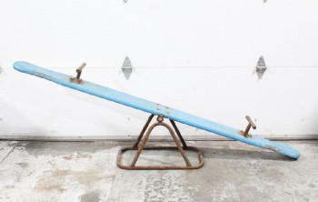 Playground, Teeter Totter, VINTAGE WOOD TEETER TOTTER / SEESAW W/RUSTED BASE & HANDLES - ORIGINAL FINISH: This Item Is Not To Be Painted, WOOD, BLUE