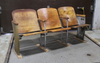 Bench, Seats, ANTIQUE TANDEM THEATRE CHAIRS, FOLD DOWN MOLDED WOOD SEATS, WOOD ARM RESTS, METAL SIDES, AUDITORIUM / MOVIE THEATER / CINEMA / MEDIA ROOM ETC, FLOOR MOUNT (ATTACHED W/WOOD BARS) OR FREESTANDING, USED, AGED, PATINA, WOOD, BROWN