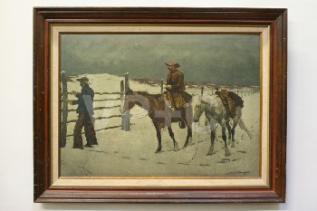 Art, Print, PUBLIC DOMAIN, 2 COWBOY & 2 HORSES BY GATE, WOOD, MULTI-COLORED