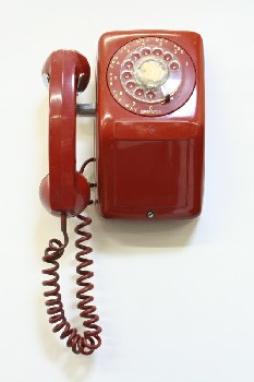 Phone, Rotary, WALLMOUNT, CLEAR DIAL, HANDSET ON SIDE, PLASTIC, RED