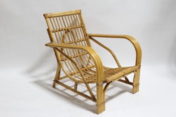 Chair, Rattan, LOUNGE,ROUNDED ARMS,RATTAN,CURVED ARMS,WRAPPED FRAME, REMOVEABLE GREEN CUSHION, WOOD, BROWN