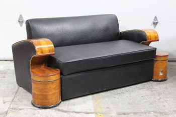 Sofa, Loveseat, ART DECO STYLE COUCH, CURVED WOOD ARMS W/TACK TRIM, BLACK LEATHER, ATTACHED ROUND TABLE / WOOD COLUMN PEDESTALS, LEATHER, BLACK