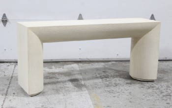Table, Console, VINTAGE MODERN SCULPTURAL SOFA TABLE, COLUMN LEG, LACQUERED GRASSCLOTH TEXTURED FINISH, IN THE STYLE OF KARL SPRINGER, WOOD, OFFWHITE