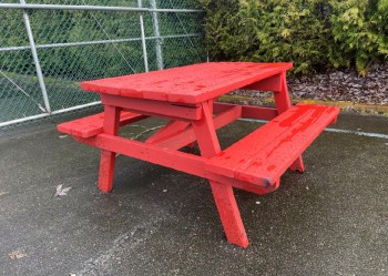 Table, Picnic, SMALLER THAN STANDARD W/4FT BENCH, OUTDOOR, PUBLIC COMMERCIAL OR RESIDENTIAL, PAINTED WOOD, SLAT CONSTRUCTION - Stored In Yard, Condition May Not Be Identical To Photo, WOOD, RED
