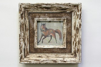 Art, Painting, CLEARED, FOX W/PENCIL SHADING, WHITE/BROWN FRAME, WOOD, MULTI-COLORED