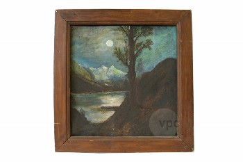 Art, Painting, CLEARED, LANDSCAPE, MOUNTAINS W/MOON, NIGHT SCENE, WOOD FRAME, WOOD, MULTI-COLORED