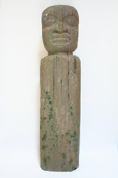 Statuary, Misc, NATIVE CARVED HEAD ON LONG POLE,FAUX WEATHERED WOOD W/MOSS, STYROFOAM, BROWN