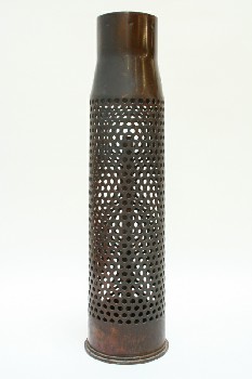 Military, Ammunition, AMMUNITION SHELL W/PERFORATED HOLES, METAL, BROWN