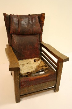 Chair, Armchair, ANTIQUE, OAK, MISSION STYLE, WING BACK, TACK TRIM, SPRINGS SHOWING, RIPPED, AGED, RIPPED SEAT, WOOD FRAME & ARMS, VERY DISTRESSED, LEATHER, BURGUNDY