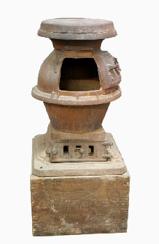 Stove, Antique, ANTIQUE STOVE, POTBELLY, WOOD BURNING HEATER, FLAT TOP, WOOD BASE, DOOR SHOWN OPEN, RUSTY/AGED, IRON, BROWN