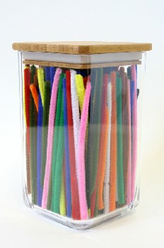 Art Supplies, Misc, CLEAR CANISTER W/WOODEN LID, DRESSED W/PIPE CLEANERS , PLASTIC, MULTI-COLORED