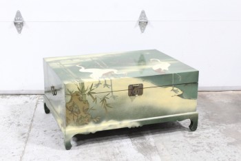 Trunk, Chest, ASIAN, CHEST OR COFFEE TABLE, HINGED LID W/BRASS HARDWARE, GREEN INTERIOR, PAINTED, BIRD & BAMBOO MOTIF, WOOD, GREEN