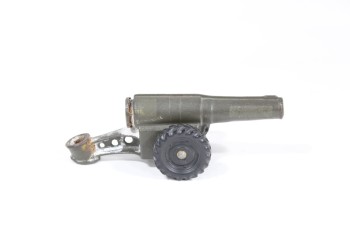 Decorative, Cannon, SMALL VINTAGE CAST IRON CANNON ON BLACK RUBBER WHEELS, AGED, METAL, GREY