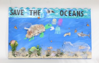 Art, Miscellaneous, CLEARABLE, KIDS' SCHOOL PROJECT, SCIENCE FAIR, DISPLAY BOARD, "SAVE THE OCEANS" W/FAKE PLANTS, SHELLS, FISHING LINE & NETS, WOOD, MULTI-COLORED