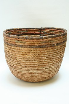 Basket, Decorative, ROUND,WRAPPED COILS,COLOURED TRIM, STRAW, BROWN