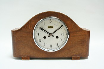 Clock, Mantle, CURVED TOP, ROUND SILVER FACE, NO FACE COVER, WOOD, BROWN