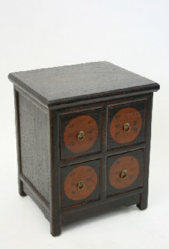 Cabinet, Wood, 4 SQUARE DRAWERS W/BRASS RING PULLS, BROWN CIRCLES & ASIAN LETTERING, CRACKLE FINISH, WOOD, BLACK