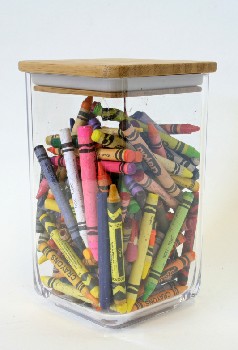 Art Supplies, Misc, CLEAR CANISTER W/WOODEN LID, DRESSED W/CRAYONS, PLASTIC, MULTI-COLORED