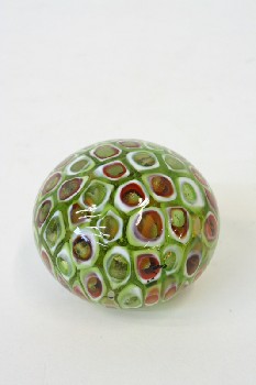 Decorative, Paperweight, ROUND W/RED GRN WHITE CIRCLES , GLASS, GREEN