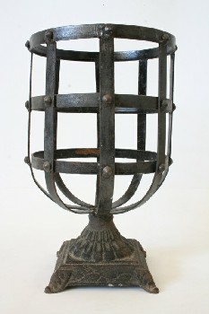 Brazier, Miscellaneous, MEDIEVAL LOOK,OPEN TOP,STUDDED METAL BANDS, ORNATE FOOTED BASE, AGED , IRON, RUST
