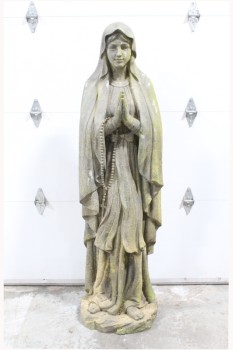 Tombstone, Statue, LIFE-SIZED VIRGIN MARY, PRAYING HANDS, FREESTANDING, AGED, RESIN, GREY