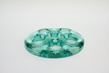 Decorative, Dish, ROUND DISC W/6 ROUND INDENTS,ALSO A CANDLE HOLDER , GLASS, GREEN
