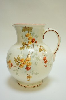Decorative, Pitcher, ROUND SHAPE W/YELLOW & BROWN FLOWERS, BROWN LINE TRIM, CERAMIC, MULTI-COLORED