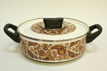 Cookware, Pot, W/BROWN & YELLOW PAISLEY DESIGN,BLACK SIDE HANDLES,W/LID,1970'S, ENAMELWARE, MULTI-COLORED