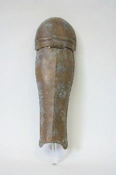 Military, Armour, PROP GREAVE/LEG GUARD W/HINGED KNEE & PLASTIC DISPLAY ROD, AGED , METAL, BRASS