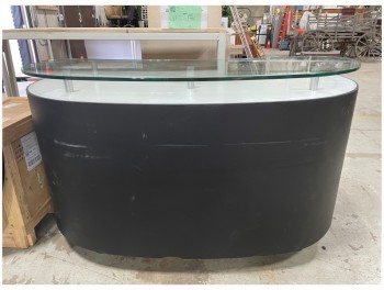 Counter, Misc, DESK / BAR / BOOTH / KIOSK W/RAISED / FLOATING ROUNDED GLASS TOP, ROUNDED / KIDNEY SHAPE, ROLLING - EXTRA 7FT WIDE, 1.5