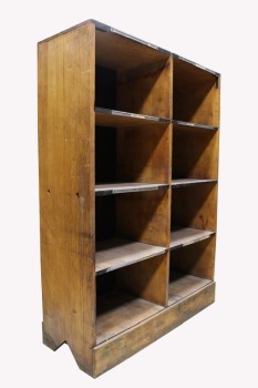 Shelf, Wood, VINTAGE, MAPLE, 4x2 DIVIDED 18" DEEP CUBBY SHELVES, BOTTOMS OF SIDES HAVE TRIANGULAR CUTOUTS, WITH BACK, AGED, WOOD, BROWN