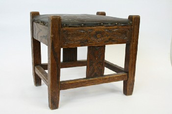 Ottoman, Rectangular, CARVED WOOD, DISTRESSED LEATHER TOP, TACK TRIM, ANTIQUE, FOOT REST / STOOL, WOOD, BROWN