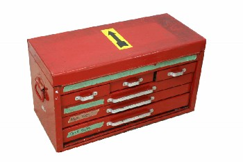 Cabinet, Garage, TOOL BOX,3 SHORT & 3 LONG PARTS DRAWERS,SIDE HANDLES, AGED ALL OVER , METAL, RED