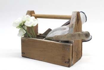 Decorative, Dressed Box, WOOD HOLDER, BROWN CADDY W/HANDLE, DRESSED W/HANDHELD GARDENING TOOLS, GLOVES, WHITE FLOWERS, ITEMS GLUED IN, WOOD, MULTI-COLORED