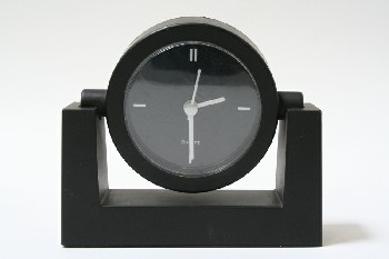 Clock, Desktop, CIRCLE ON ANGULAR BASE, SILVER HANDS, PLASTIC, BLACK