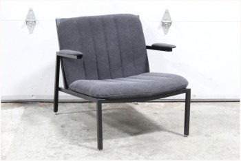 Chair, Armchair, DARK GREY/BLACK CHANNELED UPHOLSTERY ON SEAT, ARM PADS & BACK, BLACK ANGLED METAL FRAME, METAL, BLACK