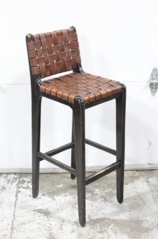 Stool, Backrest, BAR/COUNTER HEIGHT, BROWN WOVEN LEATHER SEAT, DARK WOOD FRAME W/FOOT REST, USED/SLIGHTLY AGED, LEATHER, BROWN