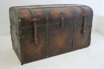 Trunk, Chest, FAUX LEATHER/PROP,NO HANDLES,NO LID, METAL EDGES, WOOD, BROWN