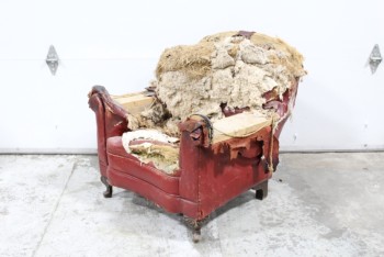 Chair, Armchair, EASY CHAIR, RED LEATHER, WOOD FEET, VERY UNSTUFFED, RIPPED, DISTRESSED, LEATHER, RED