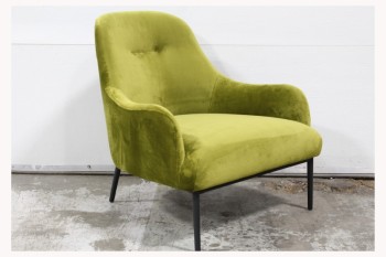 Chair, Armchair, MODERN, LOUNGE, CURVED BACK & ARMS, TUFTED SEAT BACK, BLACK METAL LEGS, VELVET, GREEN
