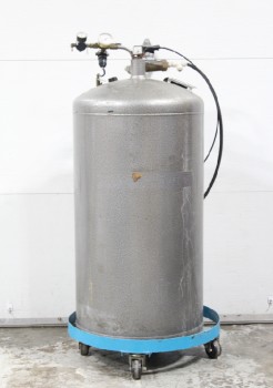 Industrial, Miscellaneous, LAB, CRYOGENIC CYLINDRICAL TANK W/GAUGES, ROLLING W/ROUND BLUE HOLDER / STAND, STAINLESS STEEL, GREY