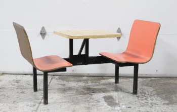 Restaurant, Booth, CAFE / DINER, ORANGE MOLDED / CURVED / CONTOUR WOOD SINGLE BENCH SEATS, FACING, ATTACHED TABLE, LAMINATE TOP W/2 ROUNDED CORNERS & FLAT SIDE, TABLE HT IS 29.5", TABLE TOP IS 23.5x23", BLACK METAL FRAME & LEGS, COMMERCIAL GRADE, WOOD, ORANGE