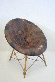 Chair, Rattan, 1970s BOWL CHAIR W/BAMBOO LEGS,PATCHWORK LEATHER COVER, WICKER, NATURAL