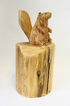 Statuary, Floor, SQUIRREL,CARVED,STANDING ON LOG,CRACK DOWN MIDDLE, WOOD, BROWN