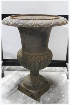 Garden, Planter, CAST IRON ANTIQUE ARCHITECTURAL URN, HEAVY, SOLID, ROUND PATTERNED BORDER, SQUARE BASE, IRON, BROWN