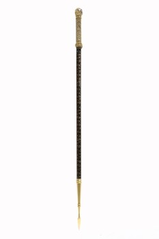 Weapon, Spear, 5FT STICK, ORNATE JEWELED BALL END, CARVED HANDLE W/BONE LOOK, PAINTED POLE, GOLD COLOURED POINTED SPEAR END, BLACK