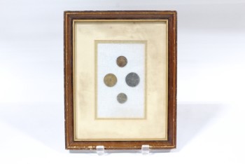 Wall Dec, Collection, CLEARABLE, COIN COLLECTION (4), INCLUDES REAL COINS, BROWN WOOD FRAME, METAL, BROWN